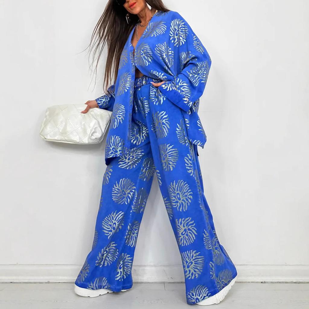 Casual Wide-Leg Pants Set with Gold Floral Print, Multiple Colors
