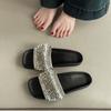 Fashion versatile casual exquisite rhinestone thick-soled one-word slippers women's summer retro temperament open-toed flat-bottomed cool slippers
