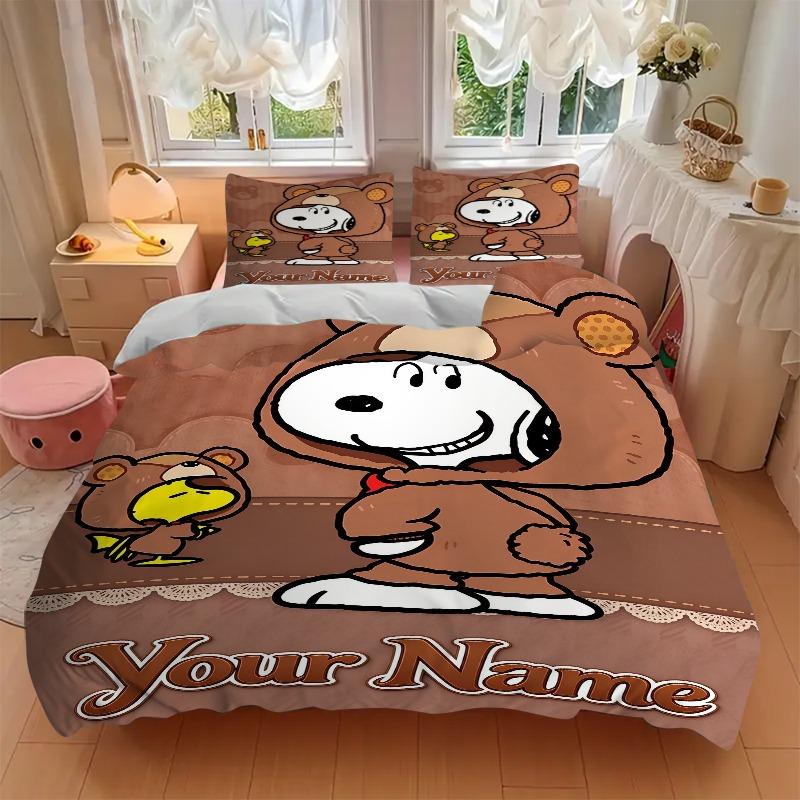 Snoopy Woodstock Bear Costumes Bedding Set Personalized Washable Custom 3Pcs Duvet Cover Pillowcases Soft Microfiber Home Bedroom Gift