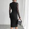 Autumn Women Solid Color Color Block Lace Slit Sexy Bodycon Dress Mature Style French Retro Patchwork Slim Sexy Elegant Women Maxi Dress