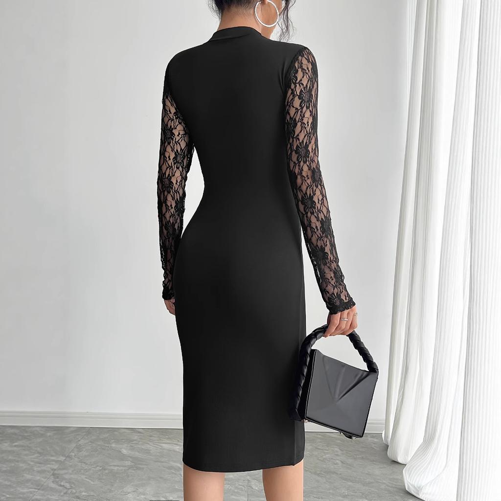 Autumn Women Solid Color Color Block Lace Slit Sexy Bodycon Dress Mature Style French Retro Patchwork Slim Sexy Elegant Women Maxi Dress
