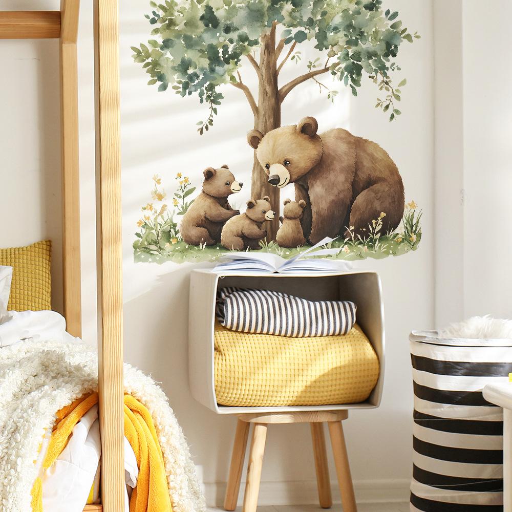 Cartoon Parent-child Brown Bear Bedroom Living Room Entrance Hall Home Background Beautification Wall Stickers