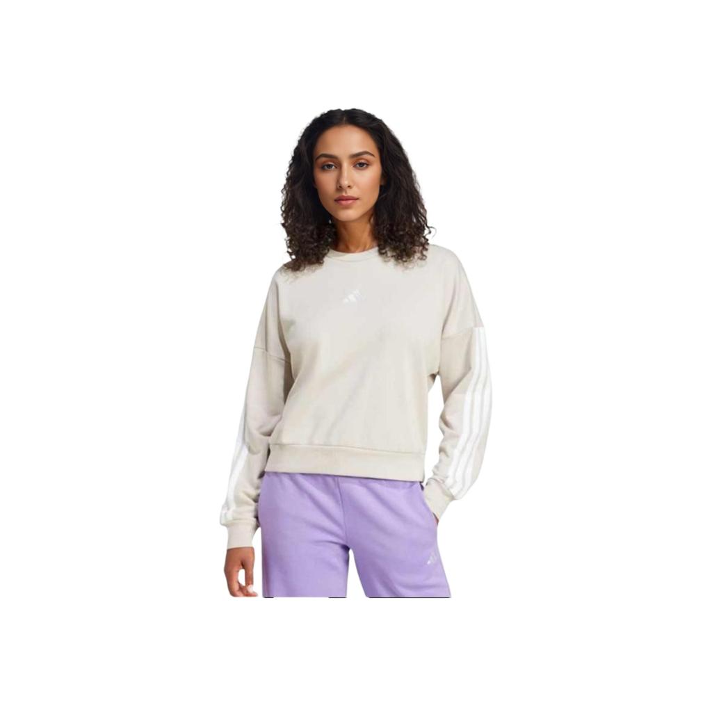 adidas Comfortable Striped Crew Neck Pullover Sweatshirt Women Tops Miracle-Alum-Brown White JE0014