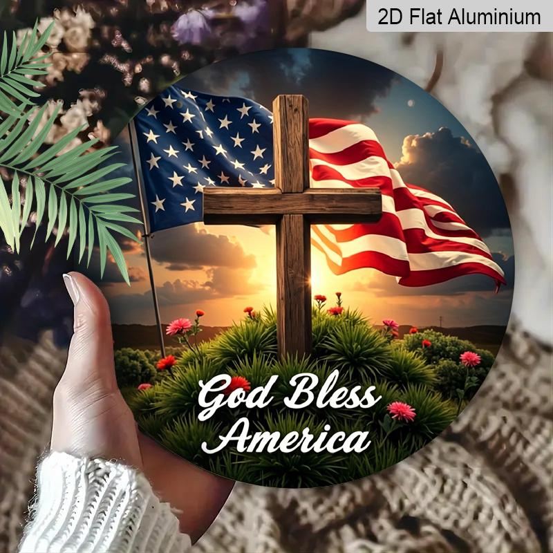 2D Flat, 1pc Round Aluminum "God Bless America" Sign, Sunset Cross & US Flag Metal Plaque, Waterproof & Rustproof, Perfect for Memorial Day, 4th of