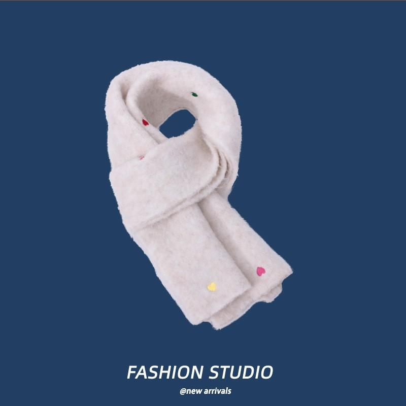 Warm Wool Fleece Scarf With Heart Embroidery Cross Neck Design Lightweight Cozy Winter Accessory Women
