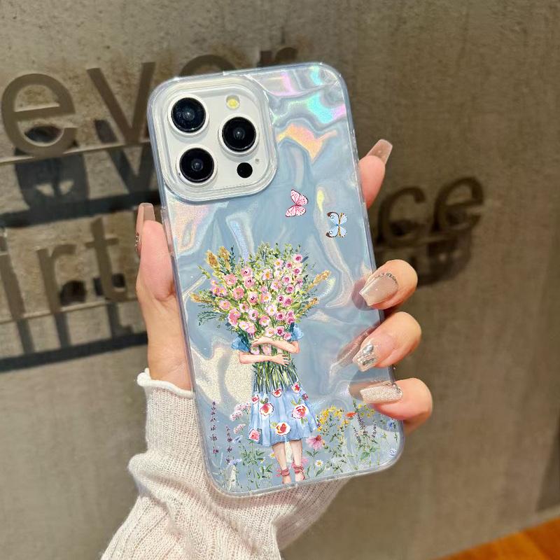 Floral Pattern Feather Sparkling Shockproof Phone Case For iPhone 16 Pro Max 15 Pro 14 13 12 11 Clear TPU Soft Edge Glitter Slim Hard PC Back Cover