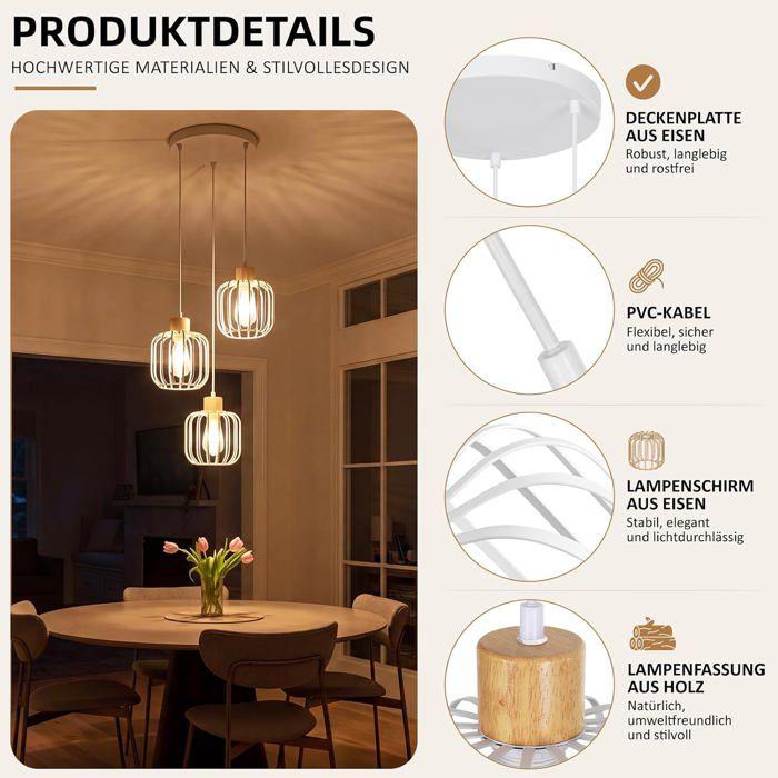 NETTLIFE Lustre en bois 3 ampoules douille E27 style moderne lustre blanc (ampoules non incluses)