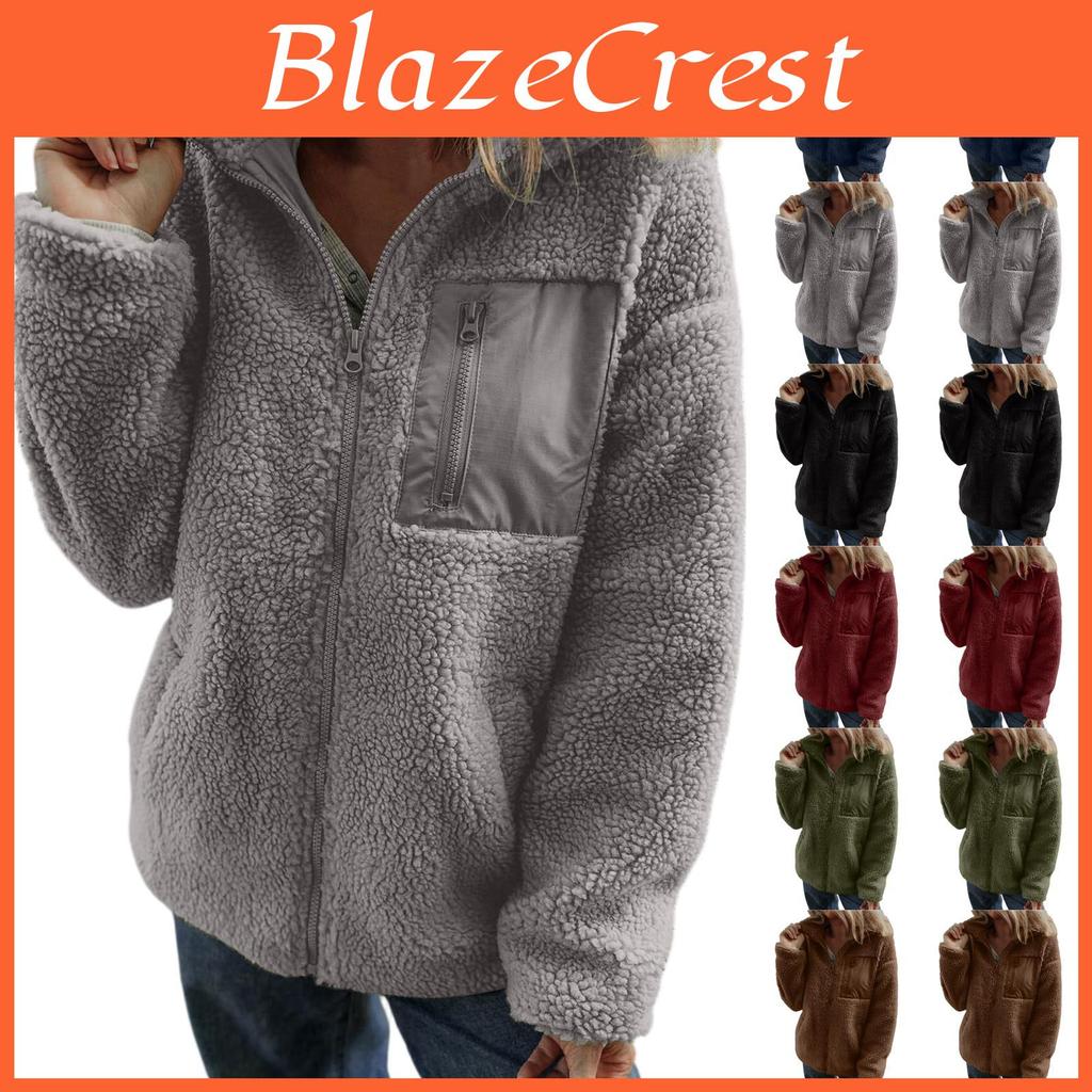 Color Womens Zipper Solid Plush Long Sleeved Pocket Jacket