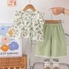 Girls Summer Floral Print Ruffle Blouse & Green Lace Shorts Set, Toddler 2-Piece Casual Outfit