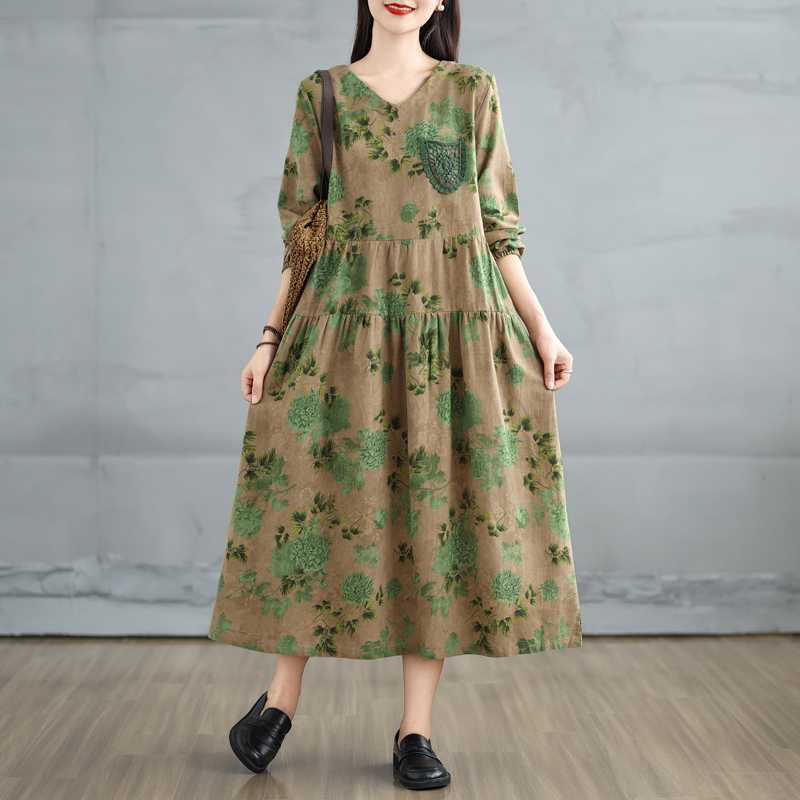 Autumn Small V-neck Lace Pocket Long-sleeved Dress A-line Dress