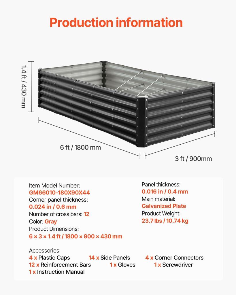Metal Raised Garden Bed, 1.8 X 0.9 X 0.4 M Outdoor Galvanized Planter Garden Box, Open Bottom Design, Large Planter Raised Bed for Growing Vegetables,