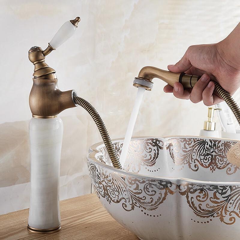 Antique Style Pull-Out Bathroom Faucet with Jade Accents