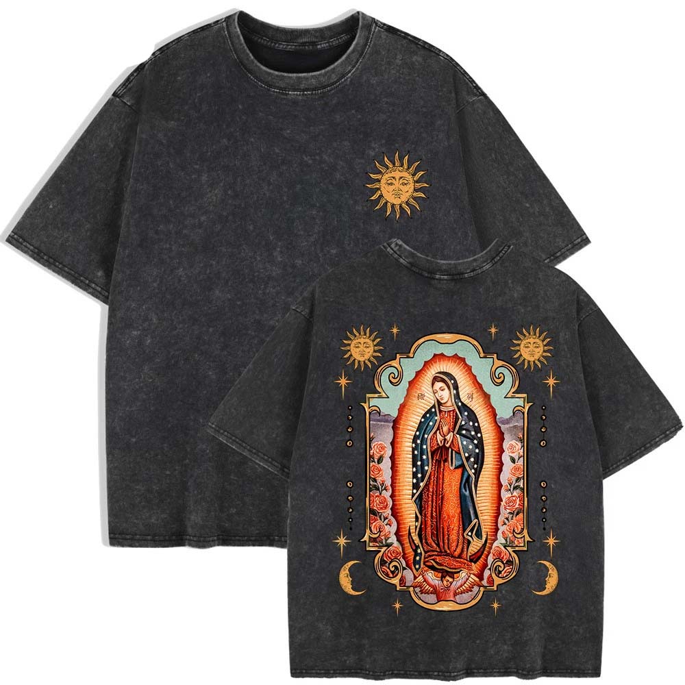 

Our Lady Of Guadalupe Prints Washed T-Shirts Womens Cotton Oversized T Shirt Summer O-Neck Short Sleeve Tops Clothes 3XL