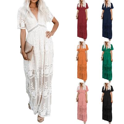 Women's V Neck Floral Lace Wedding Dress Short Sleeve Evening Party Maxi Dress