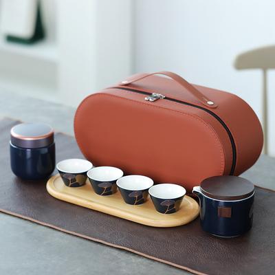 High-end Outdoor Portable Travel Tea Set, Household One Pot, Four Cups with Bamboo Tea Tray, a Complete Set of Commemorative Gifts