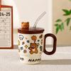 Cute Cartoon Ceramic Mug with Lid and Straw