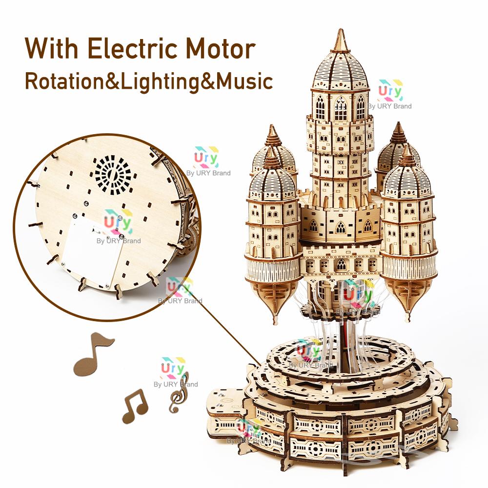Puzzle de Casa de Madera 3D Castillo Celeste Giratorio Eléctrico Real Con Luz Juguete de Ensamblaje Para Adulto Modelo DIY Decoración para Regalos