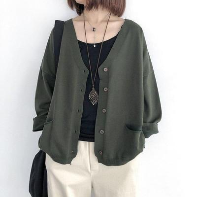 Johnature Spring Women Cardigan Swetry Solid Color Loose V-Neck Long Sleeve All Match Pockets Coats