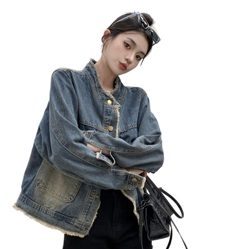 Autumn Retro Raw Edge Denim Jacket - Slimming, Loose Fit with Pockets