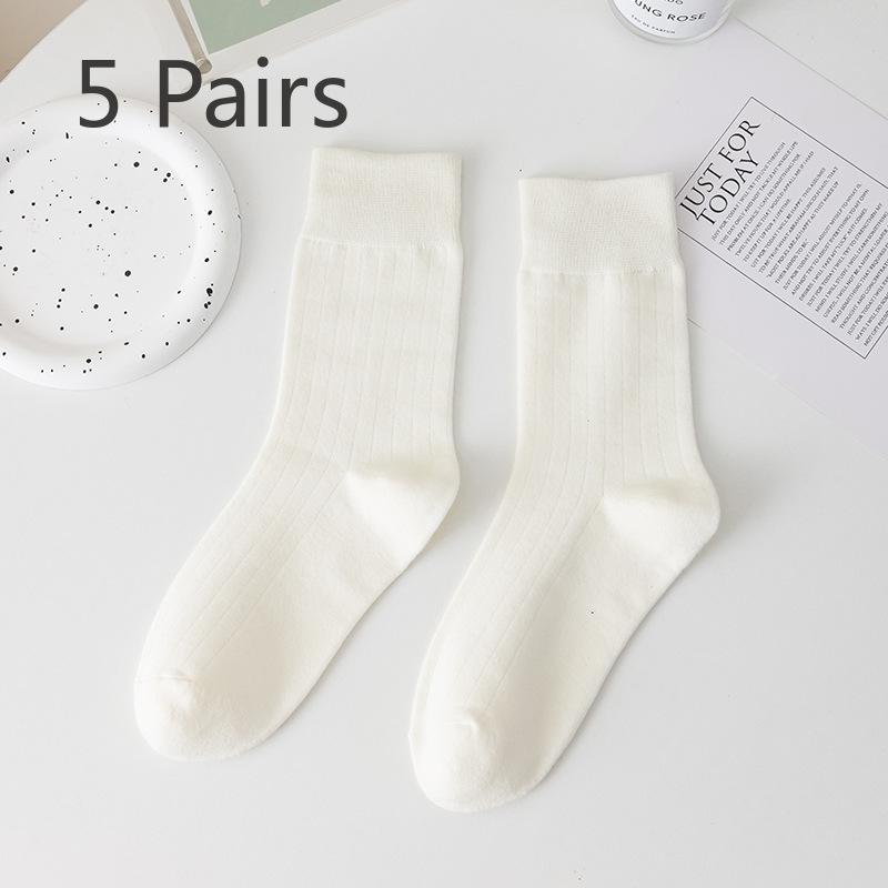 5 Pairs Black Socks Women's Mid-calf Socks Tide Cotton Spring and Autumn Models of Solid Colour Hundred Matching Sports Summer White Long Socks