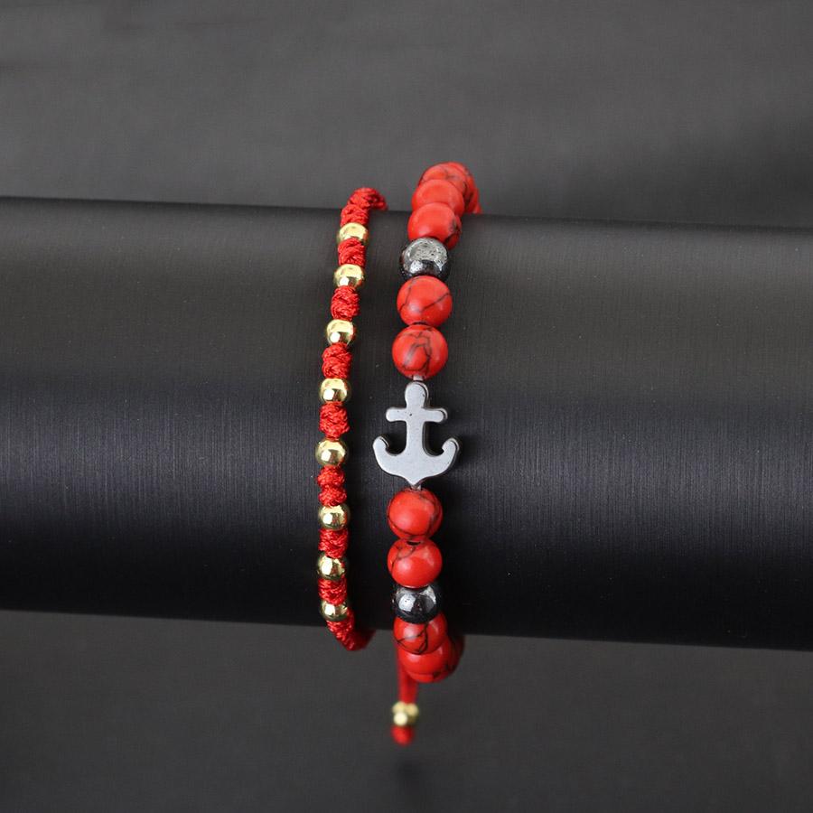 2pcs Double Layer Black Beads Anchor Bracelet Men Hand Rope Braided Lucky Red Rope Women Personalized Student Couple Bracelet