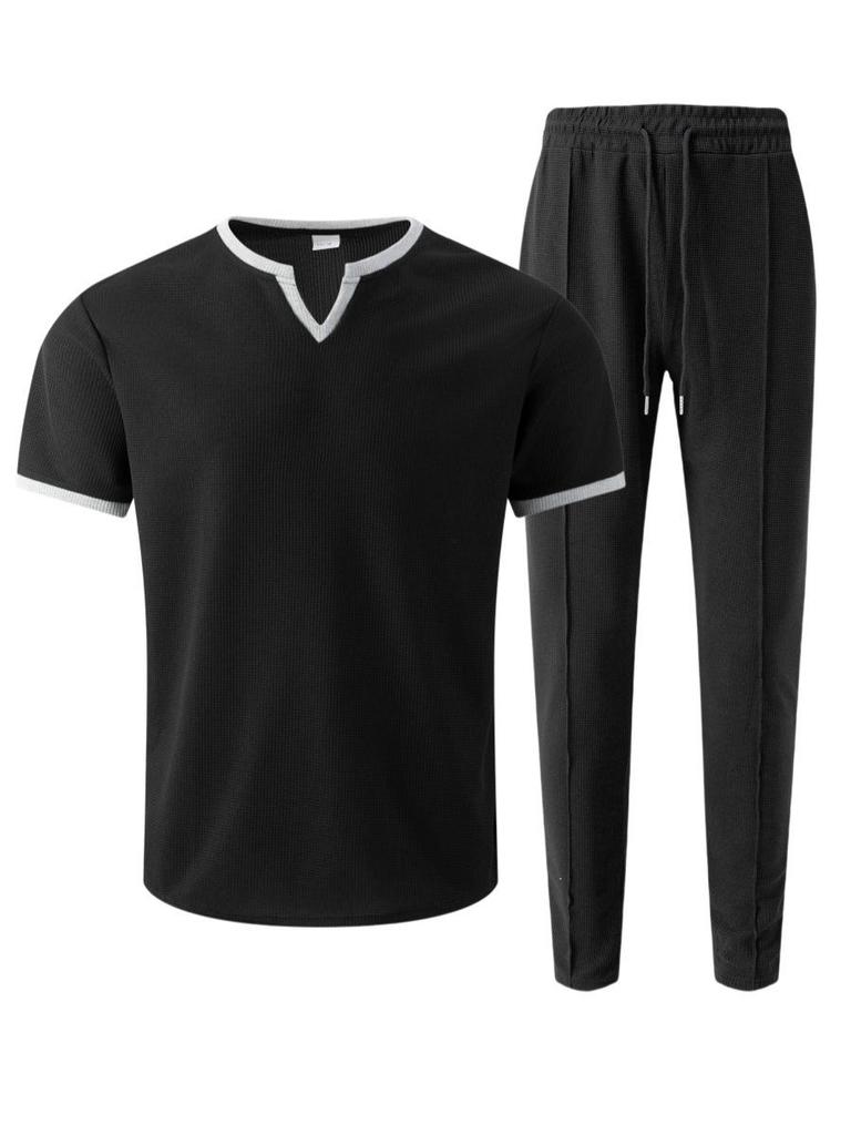 V-neck Waffle Short-Sleeve T-shirt & Long Pants Men's Streetwear Sports Set