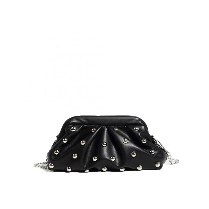 Trendy Shoulder Crossbody Clutch Bag with Mushroom Studs Chain Wrinkled Design Women's Fashion Underarm Bag for Multiple Occasions