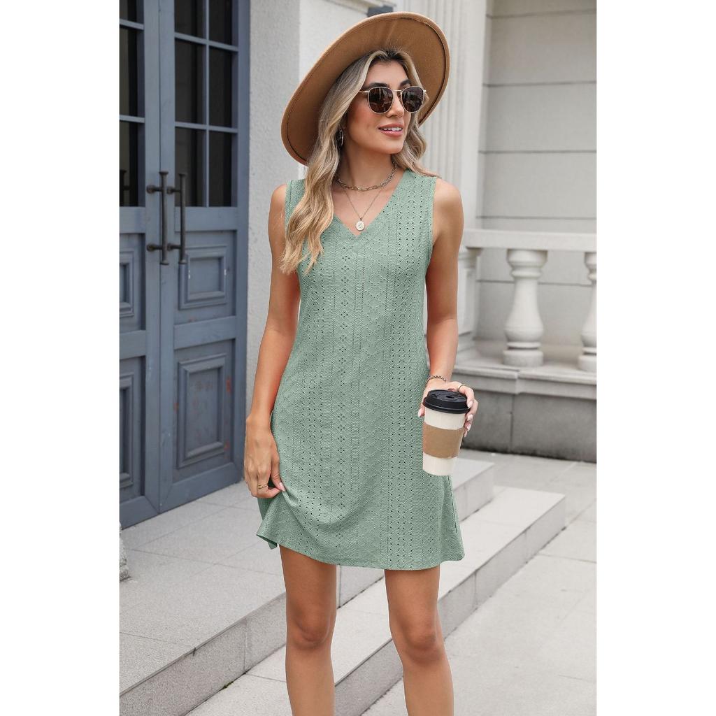 New Women's Solid Color V-neck Palace Lace Casual Pocket Summer Dress for Cross-border Europe America