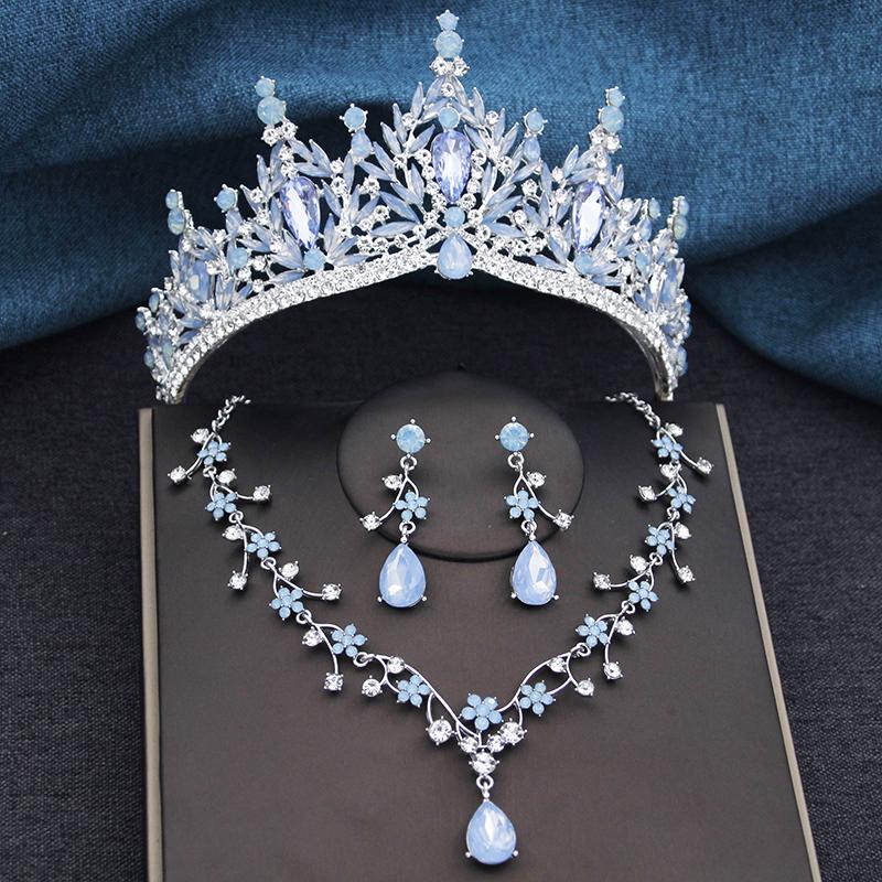 3Pcs Princess Crown Bridal Jewelry Sets for Women Tiaras and Flower Choker Necklace Earrings Wedding Dress Bride Jewelry Set