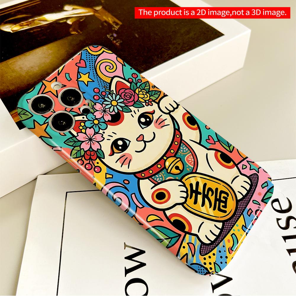 Colorful Maneki-neko with Floral Crown & Lucky Coin All inclusive film hard phone case, compatible with iPhone 18 Pro Max 17 16 15 14 13 12 11