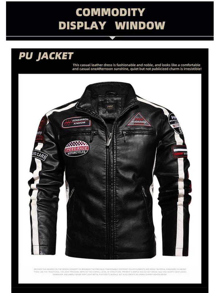 Men's Color Block PU Leather Jacket with Fleece Lining, Motorcycle Racing Style