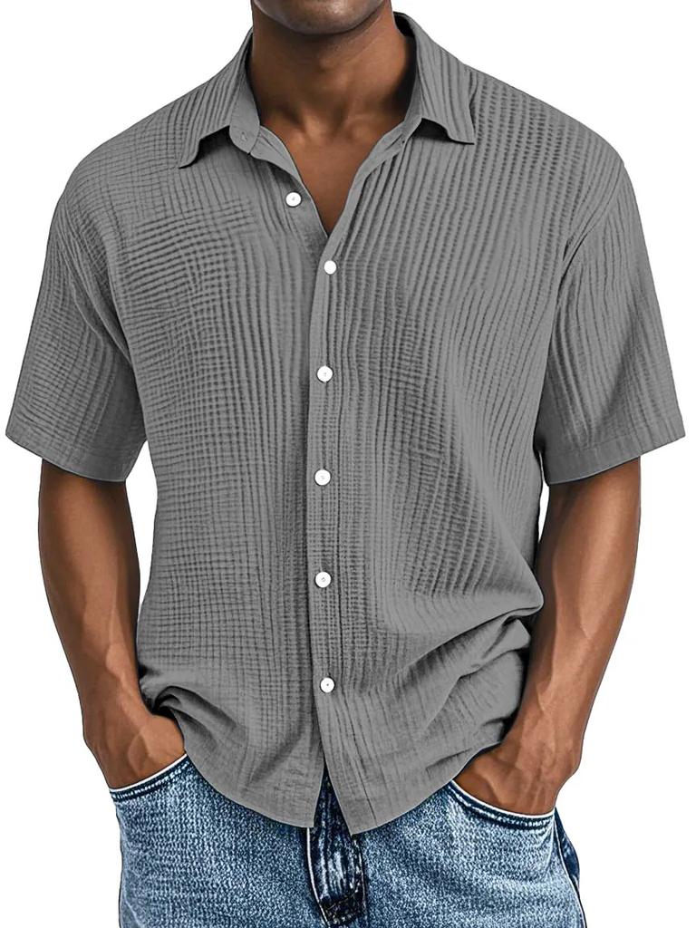 Men Light Blue Short Sleeve Button Down Shirt Casual Striped Linen Look Shirt
