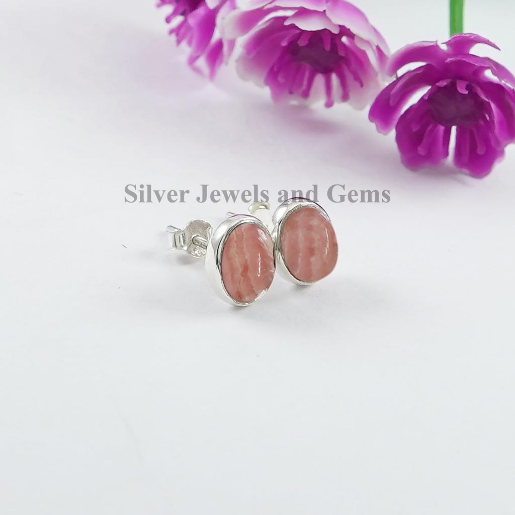 Rhodochrosite 925 Sterling Silver Stud Earrings, Oval Gemstone Studs