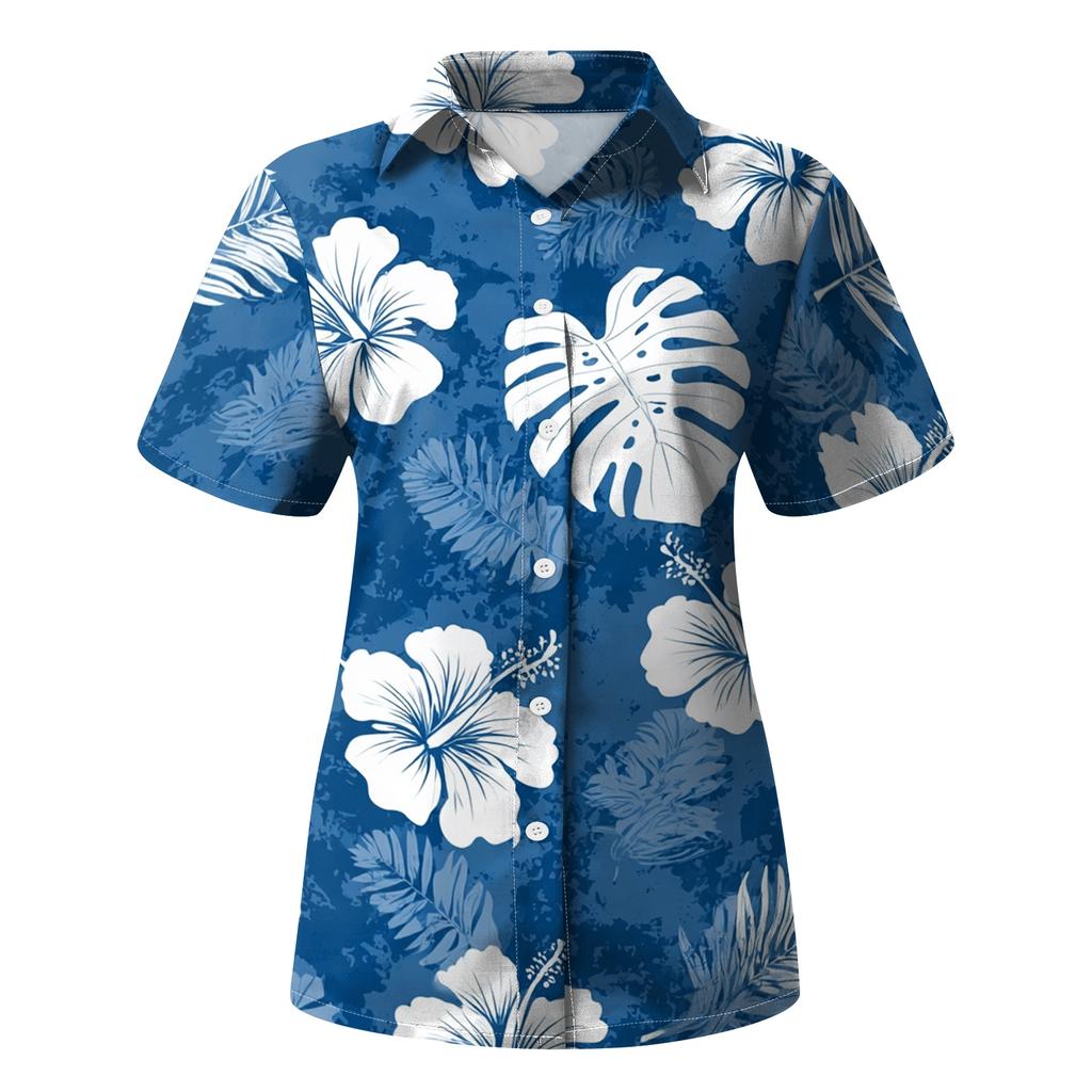 Damen Casual Hawaiian Print Kurzarm Hemd mit Knöpfen Lockerer Schnitt Offener Kragen Bluse Leichtes Sommer Top