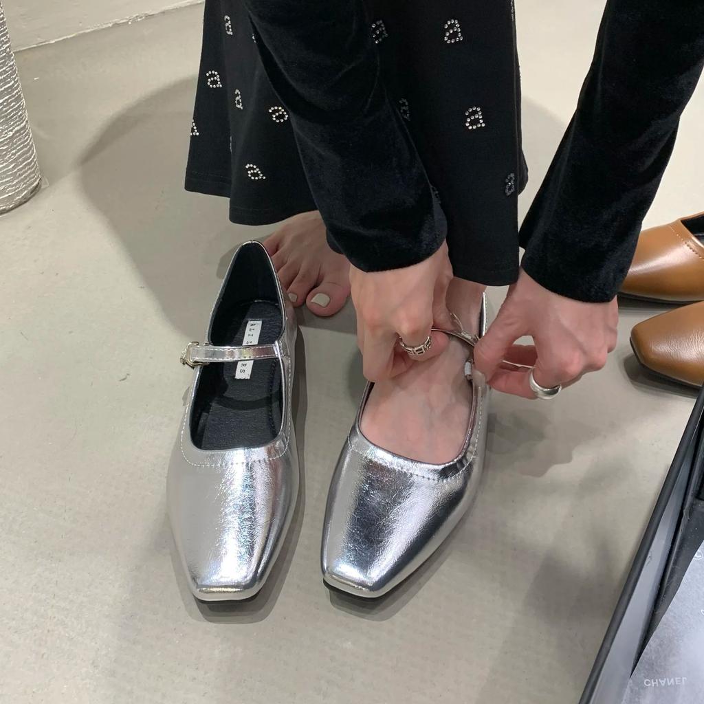 Fashion Bailamos Spring New Women Flat Shoes Fashion Gold Ladies Soft Flat Heel Mary Jane Shoes Casual Outdoor Dress Ballerinas Shoes