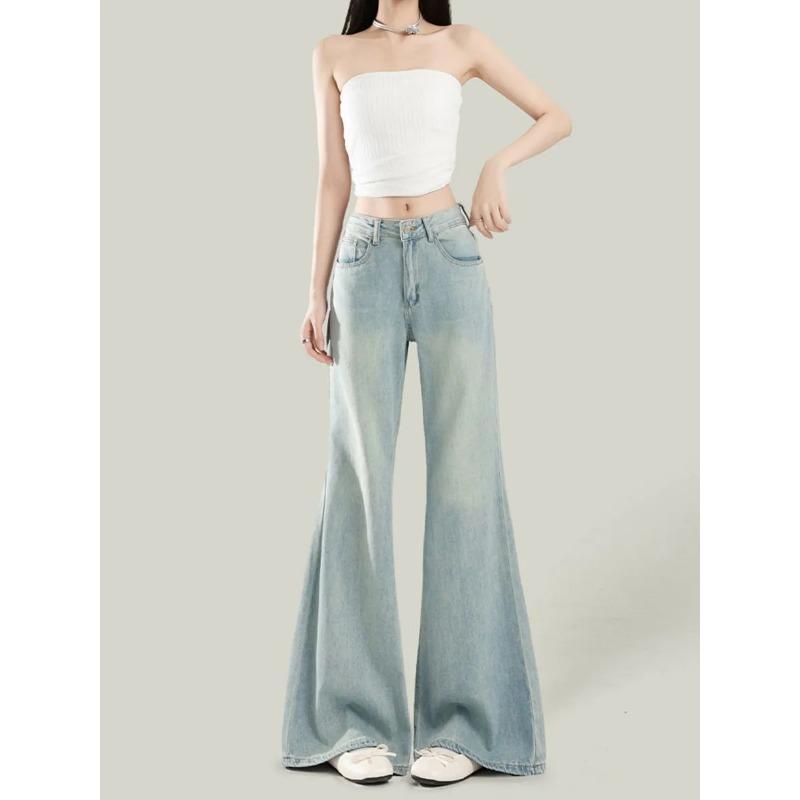 

Women s Light Blue High Waist Flare Jeans Retro Washed Denim Pants S синій