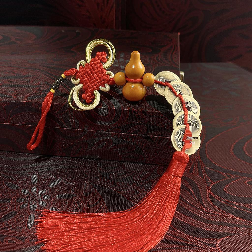 Copper Gourd Pendant with Chinese Emperor Coins, Gold Edges & Knot, Red Tassel for Home Decor