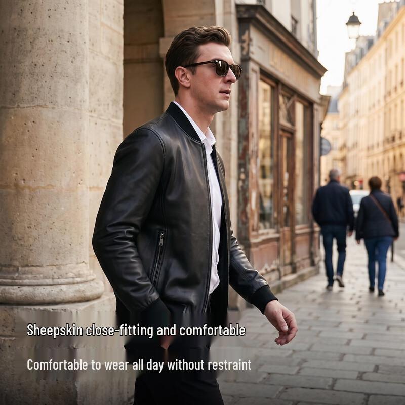 Men's Premium Sheepskin Leather Baseball Collar Jacket