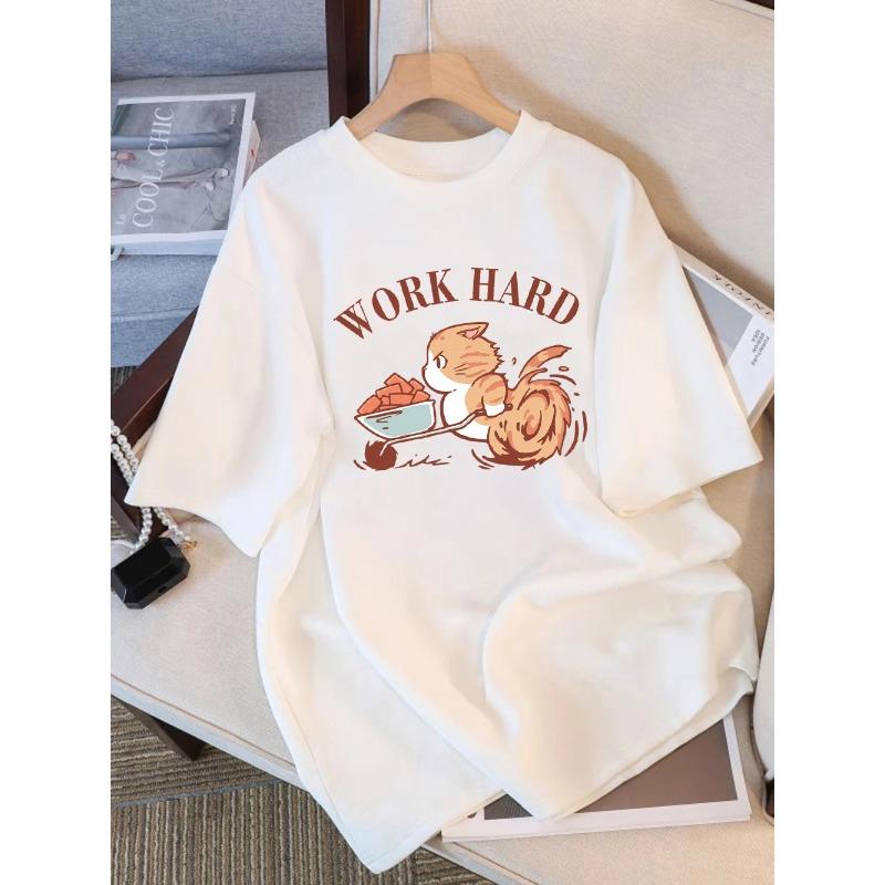 

Women T-Shirt Summer Work Hard Fighting Cat Cartoons Prints T Shirt Loose O-Neck Comfortable Tops Basic Woman Clothes XL