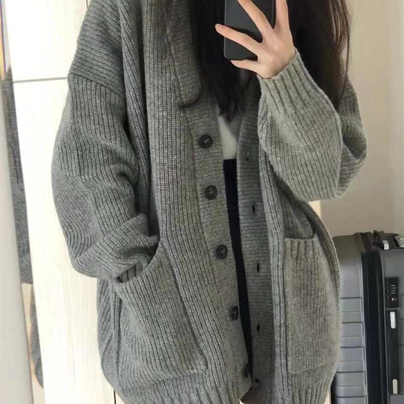 Plus Size Loose Mid-length Pocket Sweater Jacket Lazy Style Korean V-neck Knitted Cardigan Women Autumn