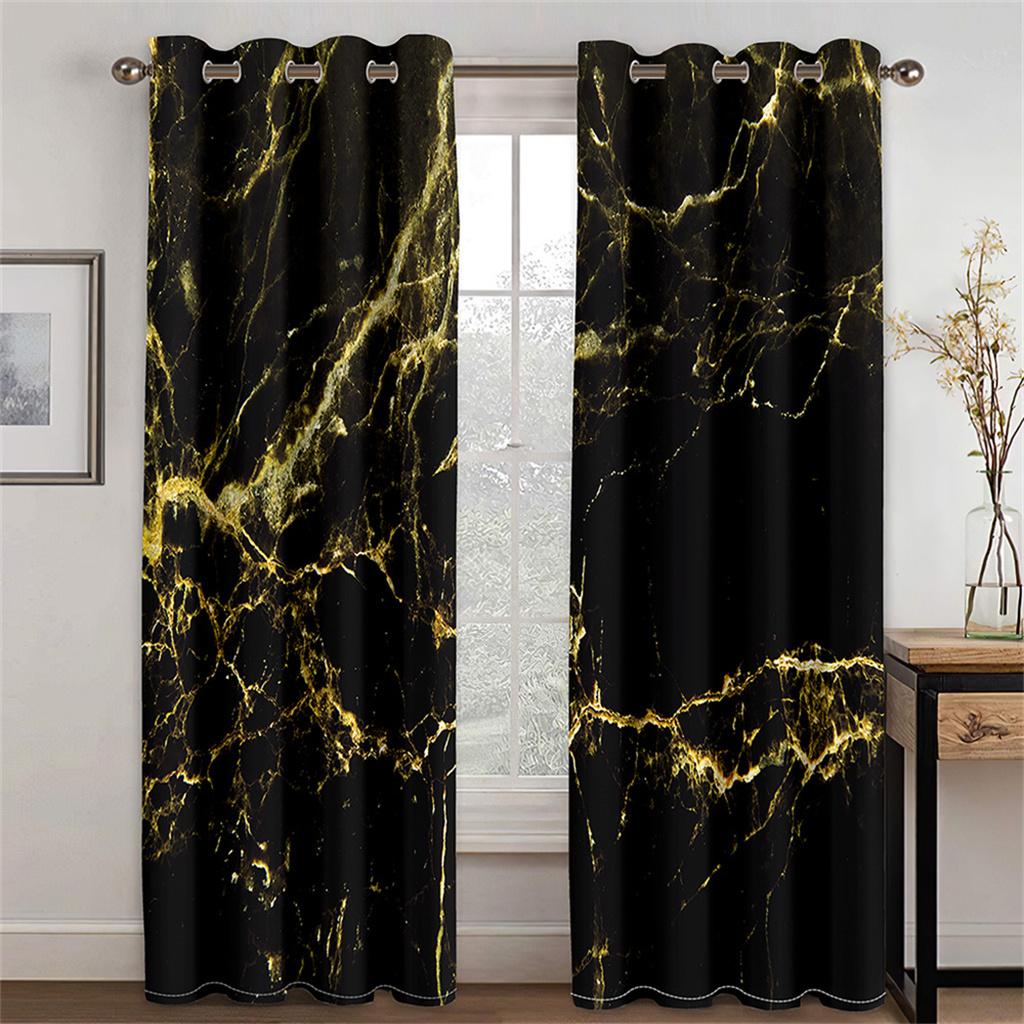 3D Luxury Cheap Abstract Art Marble Black Gold Pattern 2 Pieces Thin Shading Window Curtain for Living Room Bedroom Decor Hook