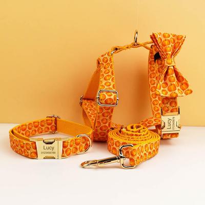 Halloween Yellow Pumpkin Dog Collar & Leash Set with Engravable Bowknot