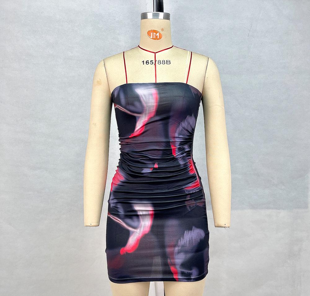 2024 Summer Women's Strapless Printed Waist-Cinching Pleated Dress