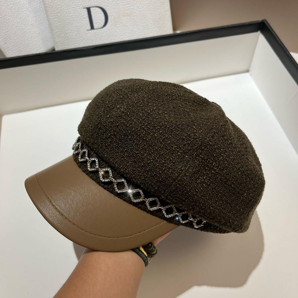 Dongdaemun Tail Order High Quality Fine Flash Small Fragrant Wind Octagonal Hat Spring And Autumn Versatile Rhinestone Rough Tweed Newsboy Hat Girl