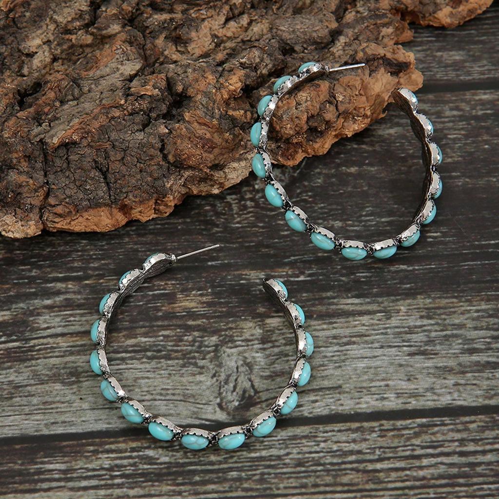 Western Style Turquoise Pendant Large Oval Earrings, Vintage Statement Earrings, Bohemian Women's Delicate Hoop Earrings, Women, 1 Pair