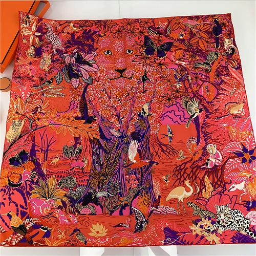 POBING Manual Hand Rolled Twill Silk Scarf Women Animals Forest Square Scarves Echarpes Foulards Femme Wrap Bandana Hijab 90CM