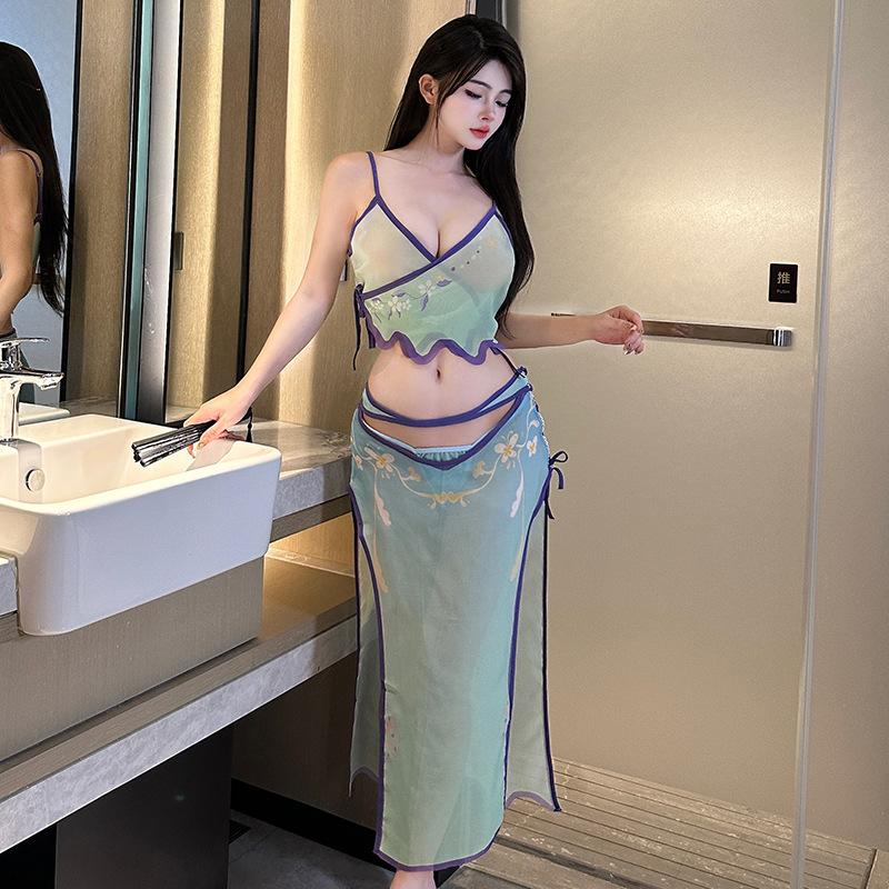 New sexy mesh see-through suit, high-waisted women's pants, hollowed-out retro suspenders, sexy Hanfu underwear