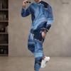 Men Plus Size Blue Printed Round Neck Long Sleeve Two Piece Cuffed Pants Set
