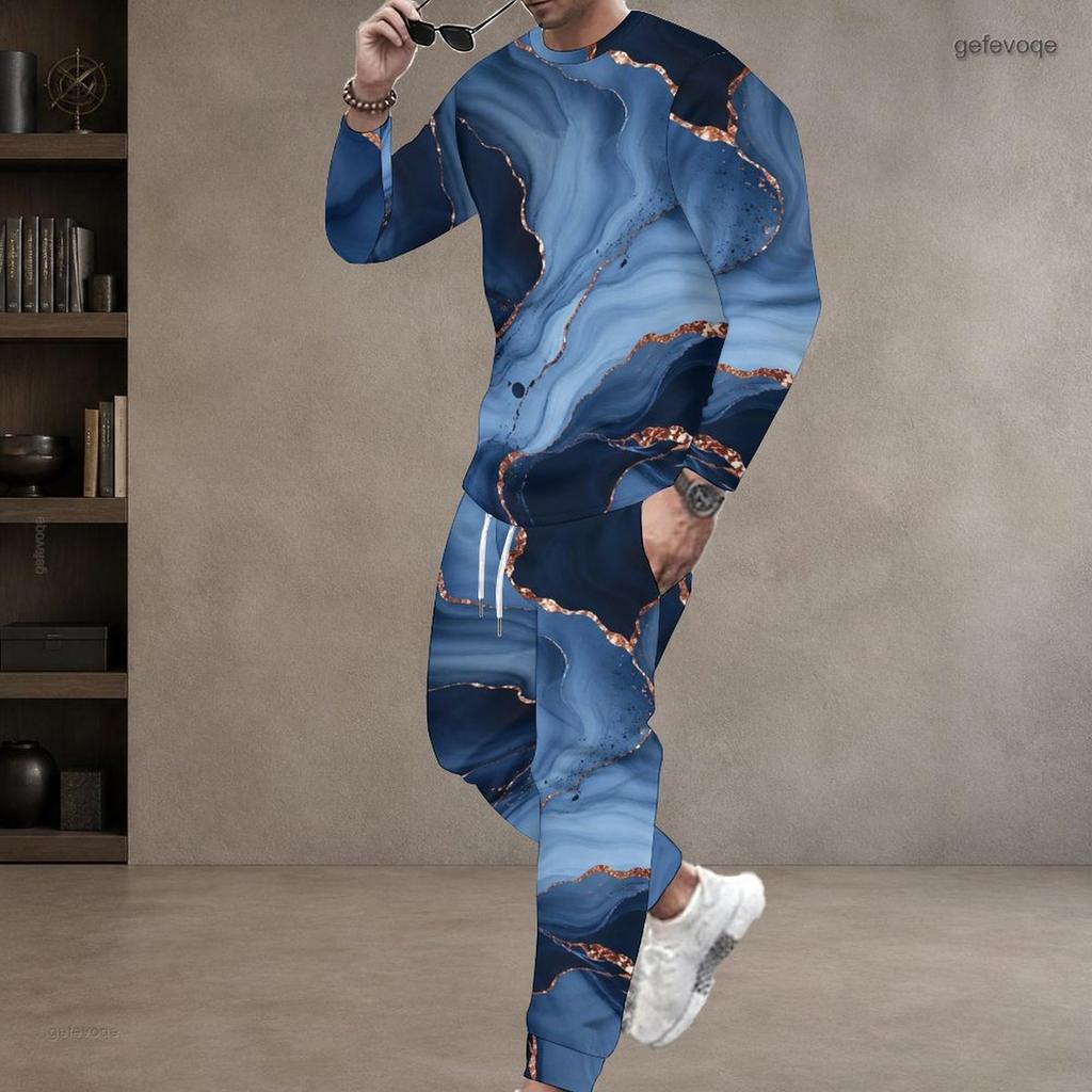 Men Plus Size Blue Printed Round Neck Long Sleeve Two Piece Cuffed Pants Set