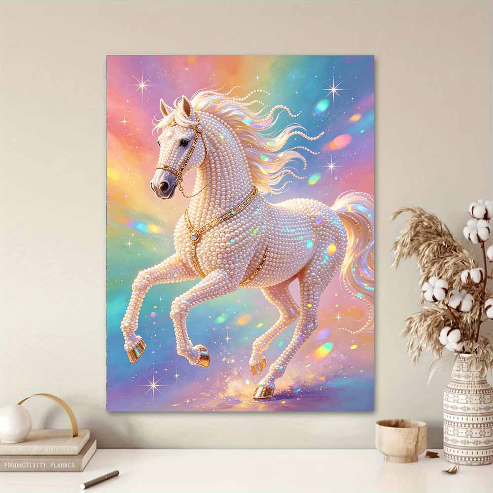DIY Pearl Gem Elegant Pearl Horse Shining Bead Craft Art Home Wall Ornament Simple Unframed Room Decoration Art Modern Artistic Wall Decor